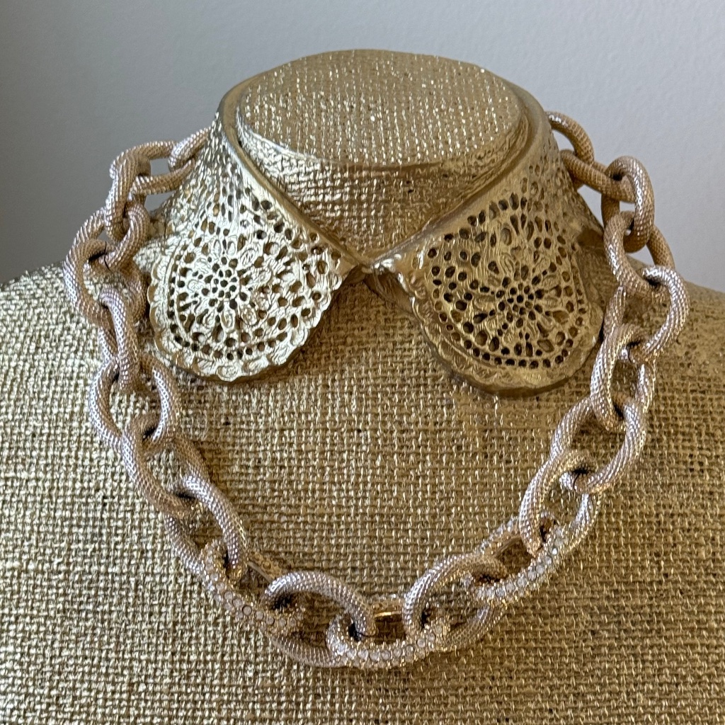 Fornash Necklace Oversized Chunky Link Rhinestones Gold Texture Metallic Vintage